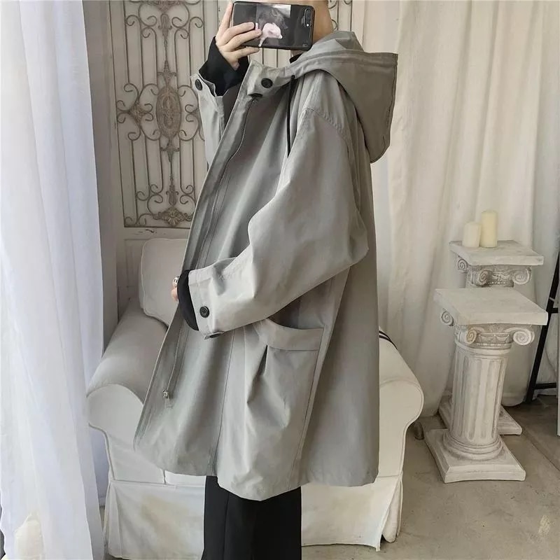 Casual windbreaker for men trend Korean Preppy mid-length simple coat loose spring autumn hooded jacket women BF cool streetwear